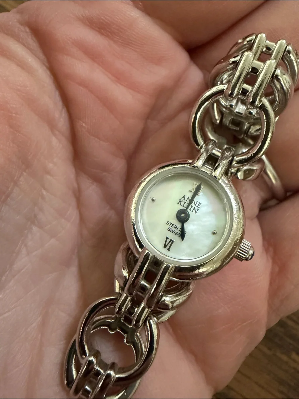 Anne Klein Silver-Tone Ring Link Bracelet Watch with White Dial